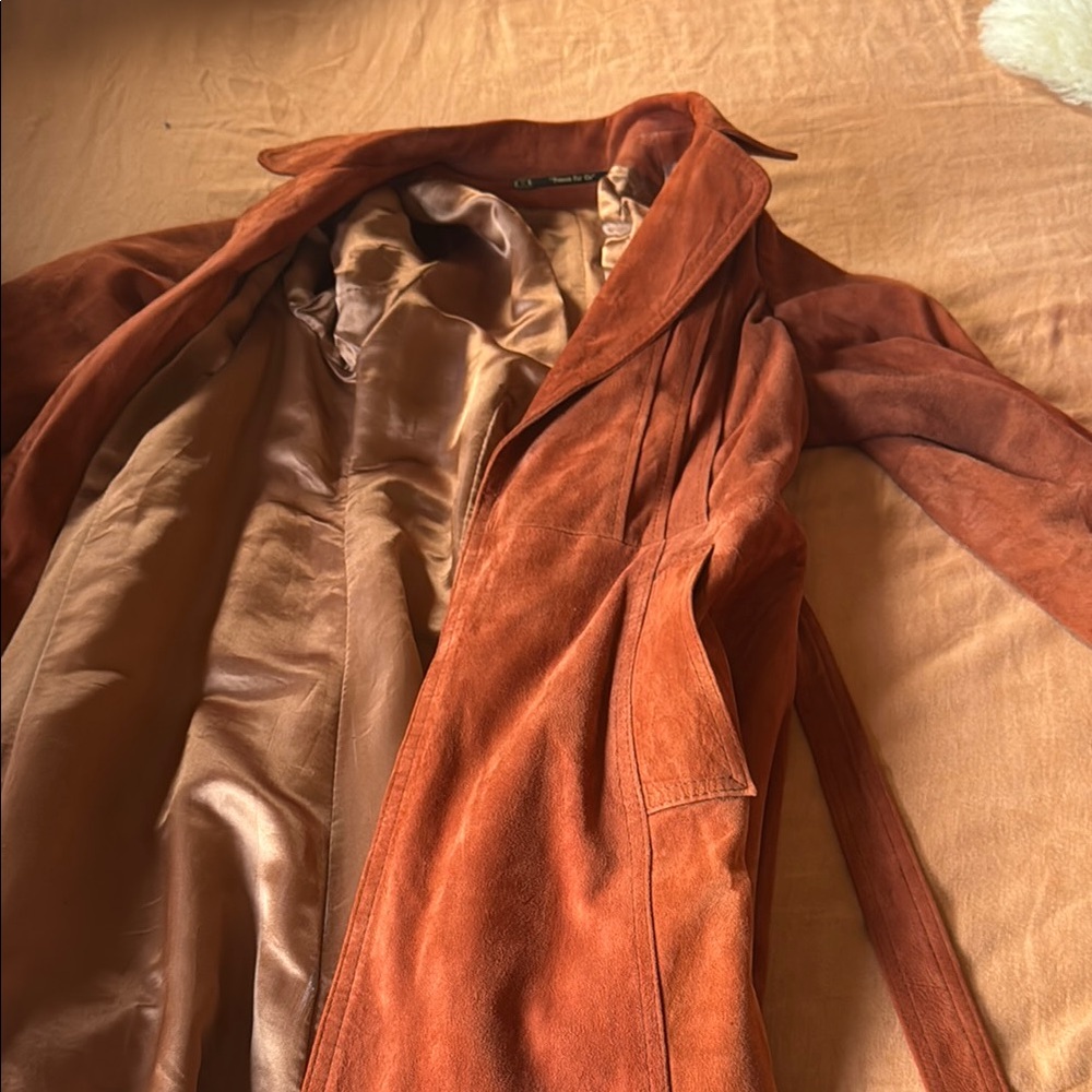 Luxurious Orange Suede Trench Coat with Belted Waist